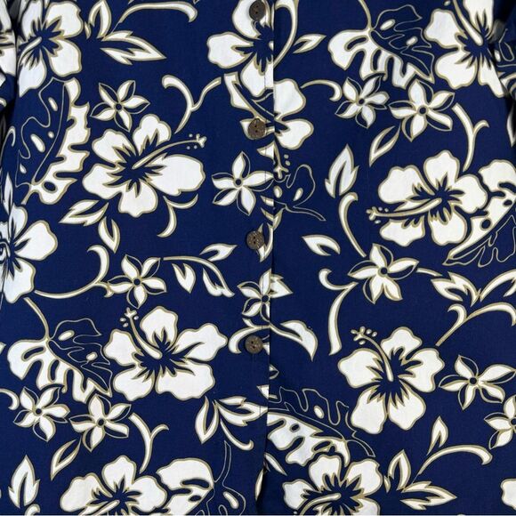 Hilo Hattie Hawaiian Shirt Navy Blue White Tan Floral Bold Button Front Shirt 1X - Picture 4 of 12